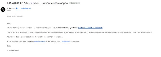 An X (Twitter) notification from X Support notifying user that their account 'does not comply with X's creator monetization standards' and has been permanently suspended from the creator revenue sharing program.