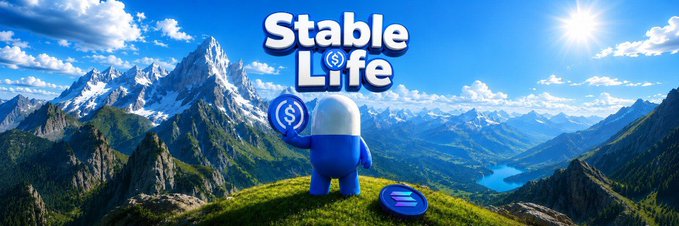 The image features a blue and white character standing on top of a mountain with a coin in its hand, surrounded by mountains and clouds. The text "Stable Life" is written above the character, indicating that this is an advertisement for a cryptocurrency called Stable Life. The character is holding a coin, which suggests that it might be related to Bitcoin or another digital currency. The post also mentions USDC as a payment method, implying that users can exchange their coins for USDC tokens. This combination of elements creates a visually appealing and informative advertisement for the cryptocurrency.