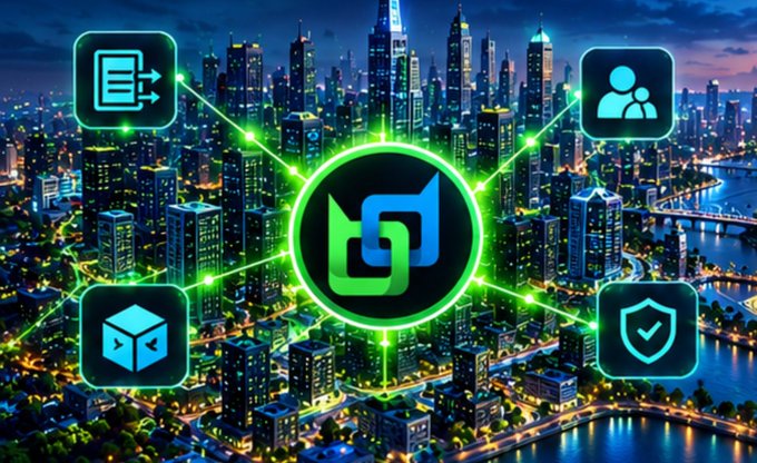 A digital illustration featuring a cityscape with a central green and blue logo surrounded by four icons representing documents, users, a cube, and security.