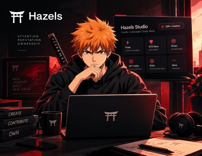 An anime-style illustration of an orange-haired character in a black hoodie sitting at a laptop with the Hazels logo, with text 'Hazels Studio' featuring Pulse, GTD Race, Drops, NFT Utility, and RWA, tagged 'ATTENTION REPUTATION OWNERSHIP'.