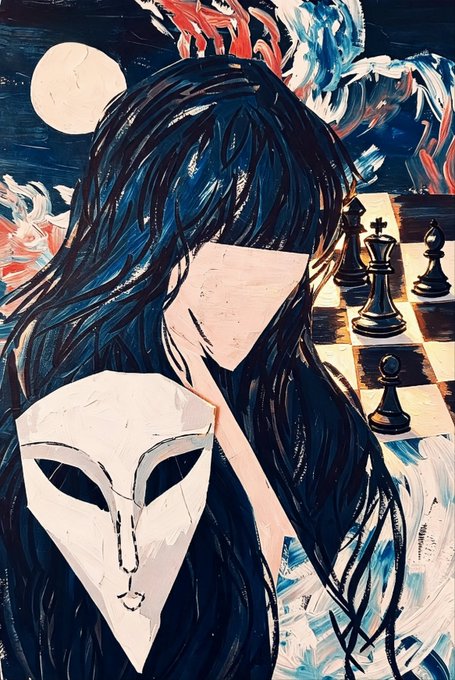 An artistic painting depicting a faceless figure with long dark hair holding a white mask, with chess pieces and a moon visible in the background.