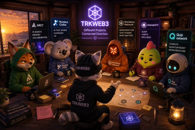 In this image, there are five cartoon characters sitting at a table with laptops open in front of them. The characters include a cat wearing a hoodie, a fox, a raccoon, a mouse, and a dog. They appear to be engaged in a discussion or working on a project together. The post that accompanies the image is titled "CT spends a lot of time chasing narratives. Meanwhile some teams are busy building. @TheARCTERMINAL keeps showing up whenever people talk about AI agents, memory and collaboration. @sleepagotchi is taking a different route by building around sleep, habits and wellness instead". The characters in the image seem to be discussing or working on a project related to artificial intelligence, specifically focusing on AI agents, memory, and collaboration.