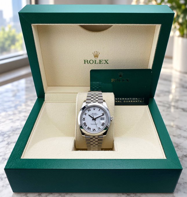 A Rolex watch with a white dial and Roman numerals sits in a green Rolex presentation box alongside the brand's "International Guarantee" card, posted to show off a new luxury timepiece pickup.