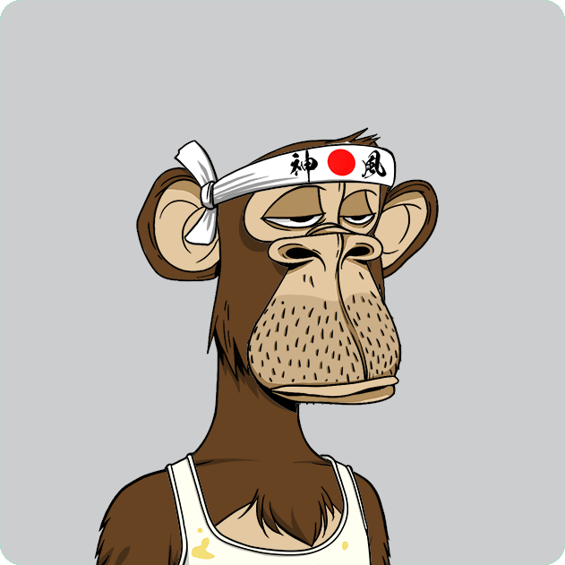 A cartoon image of a monkey wearing a white headband, a tank top with a red circle on it, and a tie around his neck. The monkey appears to be wearing a backpack and sunglasses. There is also a description about a monkey that has been bought for 10.75 ETH (ether) in the post.