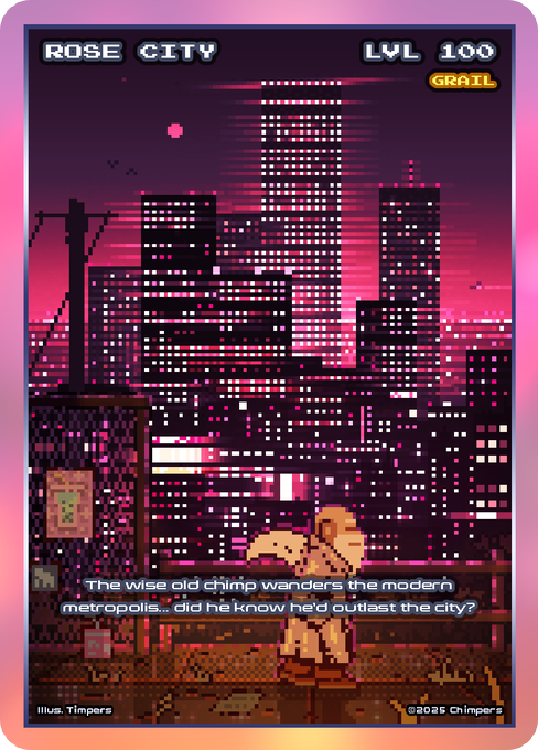 Pixel art trading card showing a wise chimpanzee wandering a neon-pink cyberpunk cityscape, labeled 'ROSE CITY', 'LVL 100', and 'GRATE', with text reading: 'The wise old chimp wanders the modern metropolis... did he know he'd outlast the city?'