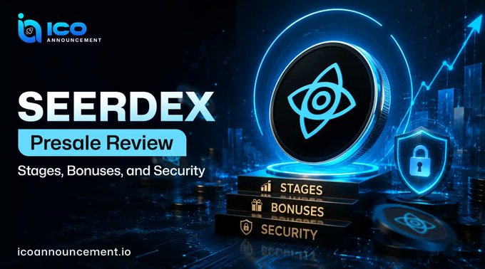 A promotional banner for a "SEERDEX Presale Review" highlighting Stages, Bonuses, and Security, featuring a glowing blue Solana-style coin emblem and an upward growth chart, paired with text from icoannouncement.io explaining that $SEERX is a Solana-based trading platform focused on prediction markets and binary options.