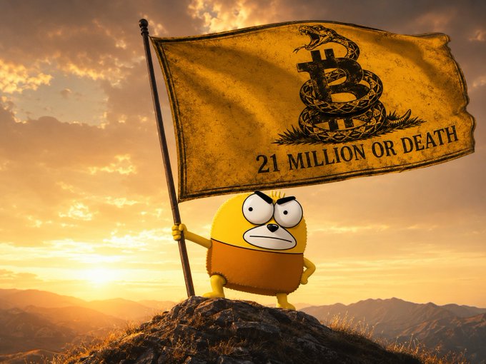 A determined yellow emoji-like character stands atop a mountain peak at sunset, defiantly planting a weathered flag emblazoned with a Bitcoin symbol, a coiled snake, and the text "21 MILLION OR DEATH," symbolizing fierce resistance to the proposed removal of Bitcoin's fixed 21 million supply cap through tail emissions.