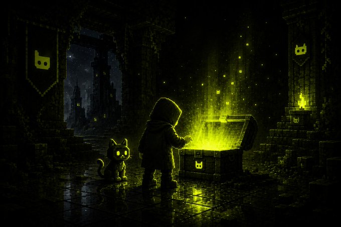 A dark fantasy digital artwork featuring a hooded figure with a cat companion discovering a glowing treasure chest in a castle ruin, with Discord logos appearing on banners and the chest.