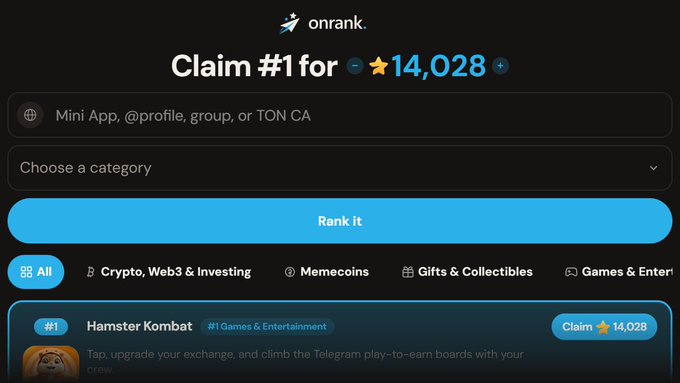A screenshot of the onrank app interface showing 'Claim #1 for 14,028' with Hamster Kombat listed in the Games & Entertainment category.