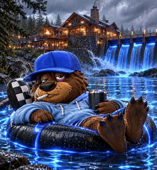 A digital artwork depicting a brown bear wearing a blue hoodie and cap, smoking a cigarette, and relaxing on a black inner tube with neon blue lights in a river, with a glowing lodge and waterfall in the background.