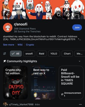 The image shows the Reddit community page for "r/snoofi," displaying 358 Diamond Paws members, 38 Saving the Trenches stickers, and a warning that the contract address was stolen from the blockchain. The post relates to the image by noting that the $snoofi Reddit community has remained consistently active for two years despite the apparent scam warning.