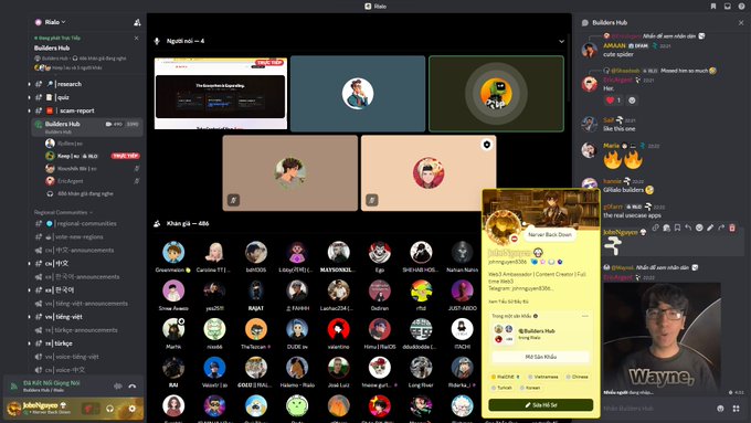 A Discord server interface called 'Builders Hub' showing various voice channels with user avatars, a chat sidebar, and an embedded tweet in the corner with a photo of a young man labeled 'Wayne'.
