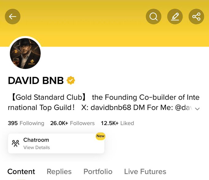 A profile screenshot of "DAVID BNB" with a verified gold checkmark, showing 26.0k+ followers, 12.5k+ liked, and a bio referencing "【Gold Standard Club】the Founding Co-builder of International Top Guild!"—supporting the post's claim about receiving the Gold Tik on Binance Square.