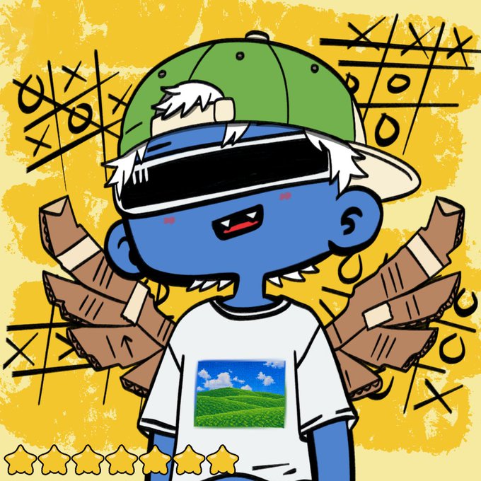 A cheerful blue cartoon character with white hair wears a green backward cap and a black VR-style visor, showing a small fang-smile and rosy cheeks, while two brown arms with taped joints gesture like scissors around them against a yellow background filled with tic-tac-toe games; their white t-shirt displays the iconic Windows XP "Bliss" rolling green hills wallpaper, and a row of seven yellow stars lines the bottom, matching the post's tease of a head-topping sneak for @pko_nft.