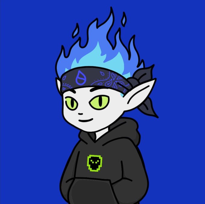 A digital illustration of a pale character with green cat-like eyes, pointed ears, and blue flame-like hair, wearing a black bandana and a black hoodie with a green pixel-art logo, set against a blue background.