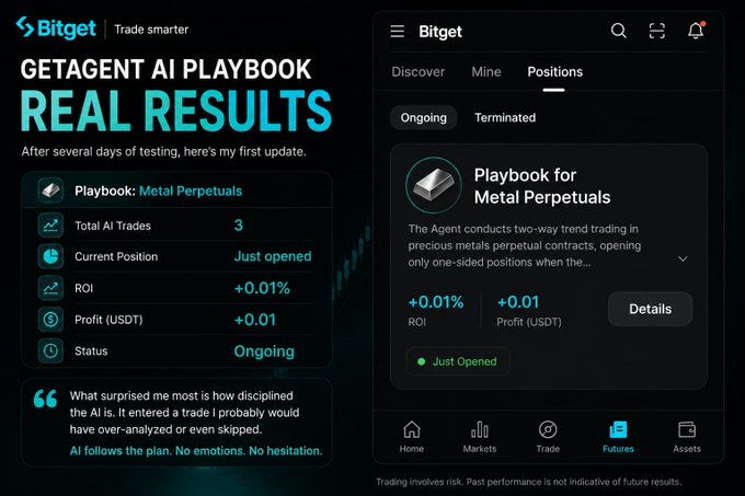 The image shows a screenshot of an AI trading bot's performance for a specific cryptocurrency called Metal Perpetuals. The bot has been testing several Playbooks and has found that it performs well with this particular cryptocurrency, resulting in a total of 3 trades. The bot currently holds a position at 0.01% ROI (Return on Investment) and is open to 1.0% profit. The bot's performance for Metal Perpetuals seems promising, as indicated by the text displayed below the image.
