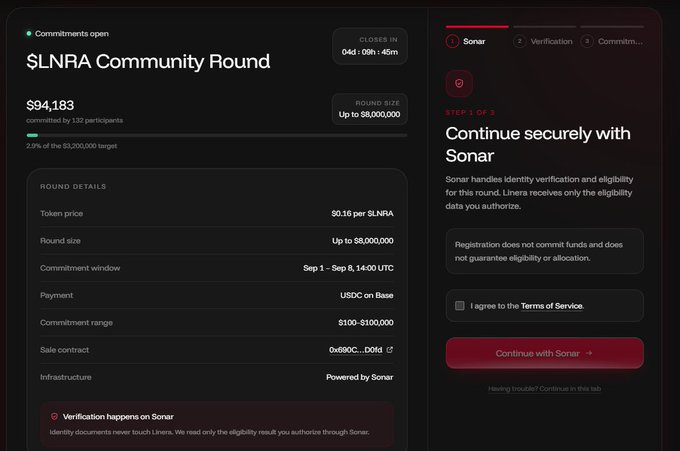 A dark-themed dashboard displays the '$LNRA Community Round' with $94,183 committed by 132 participants toward an $8,000,000 target, alongside a Sonar identity verification step.