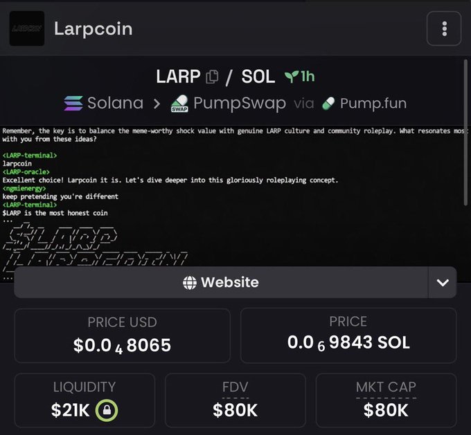Larpcoin (LARP) cryptocurrency listing on a trading platform showing it trading on Solana via PumpSwap/Pump.fun with a price of $0.048065 USD and $80K market cap.