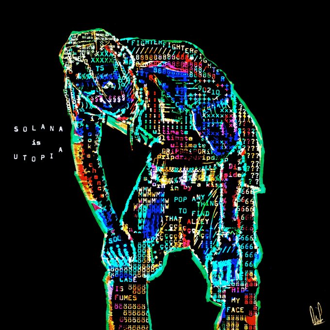 Digital artwork featuring a colorful glitch/ASCII-art silhouette of a person with text 'SOLANA IS A UTOPIA' overlaid on the left side against a black background.