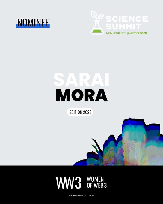 A nominee announcement graphic for Sarai Mora at the Science Summit New York City | Nairobi 2026, sponsored by Women of Web3 (WW3).