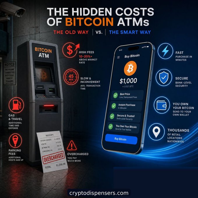 An infographic titled "The Hidden Costs of Bitcoin ATMs" contrasts the expensive, inconvenient traditional ATM method (showing fees of 10-20%+, 45-minute transaction times, gas/travel costs, and parking fees for a $1,000 purchase totaling $1,250) with "The Smart Way" of buying Bitcoin via a mobile app offering fast, secure, and lower-cost purchases. The comparison image visually supports the post's point that buyers should consider the full experience—not just convenience—when purchasing Bitcoin.