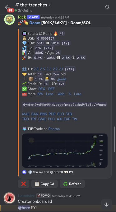 A Discord screenshot from the #the-trenches channel shows a successful trading call for the token "Doom [501K/1.46K] - Doom/SOL" posted by "Rick" at 4:35 PM, displaying key metrics like FDV of 501K, Liquidity of 27K, and a 1-hour gain of 308%. The image supports the post's "10x opportunity" claim, as the token's chart shows significant upward momentum, indicating the early call by lani allowed traders to capitalize on the pump.