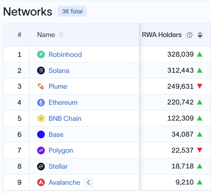 A leaderboard showing the top 9 of 38 networks ranked by RWA (Real World Asset) Holders, led by Robinhood (328,039), Solana (312,443), and Plume (249,631), with green and red arrows indicating recent holder growth or decline. While the post references a meme coin at a $7M market cap, this chart highlights the broader crypto networks where RWA adoption is being measured rather than meme coin valuations.
