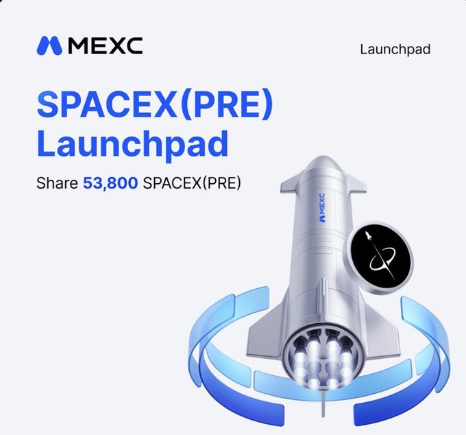 The image shows a large, silver rocket on a white background with various elements surrounding it. The image appears to be related to the announcement about the launchpad phase of the SpaceX program. The text in the image indicates that there's an event for the "SpaceX (PRE) Launchpad" and that the entry price is $130 with up to 40% paid off by participating users. The post encourages people to talk about the new SpaceX release because it has already peaked at around $180 in market trading, which shows a strong interest from participants so far.