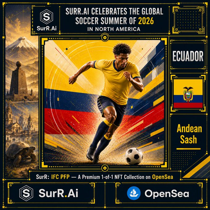 A promotional graphic from SurR.Ai celebrating the 2026 Soccer Summer in North America, featuring an Ecuadorian player in a yellow jersey alongside the Ecuadorian flag and 'Andean Sash' text, with branding for an NFT collection on OpenSea.