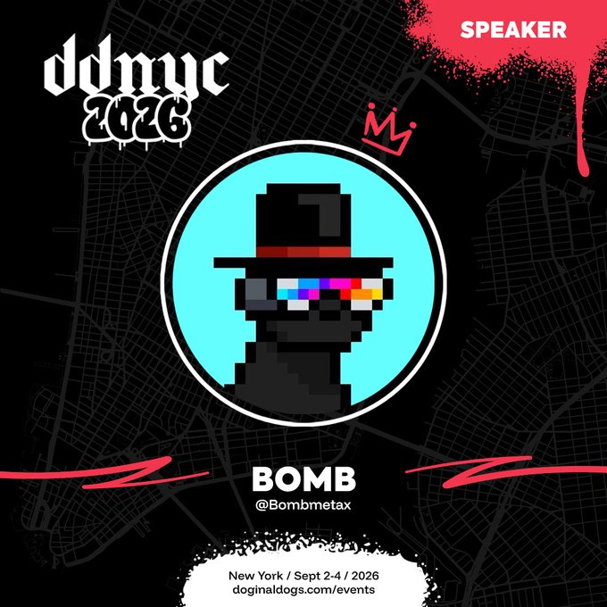 An event flyer for 'DDMYC 2026' featuring 'BOMB' (@Bombmetax) as a speaker, taking place in New York, Sept 2-4, 2026 at doginaldogs.com/events.