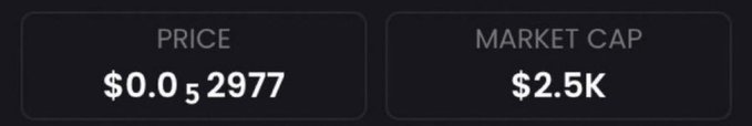 The image shows two dark dashboard panels displaying "PRICE: $0.052977" and "MARKET CAP: $2.5K," illustrating an ultra-low-cap micro-memecoin. This ties directly to the post's pitch of a "low-cap memecoin sitting at 1.5k mcap," using the figures to underscore just how cheap and early the recommended entry point is.