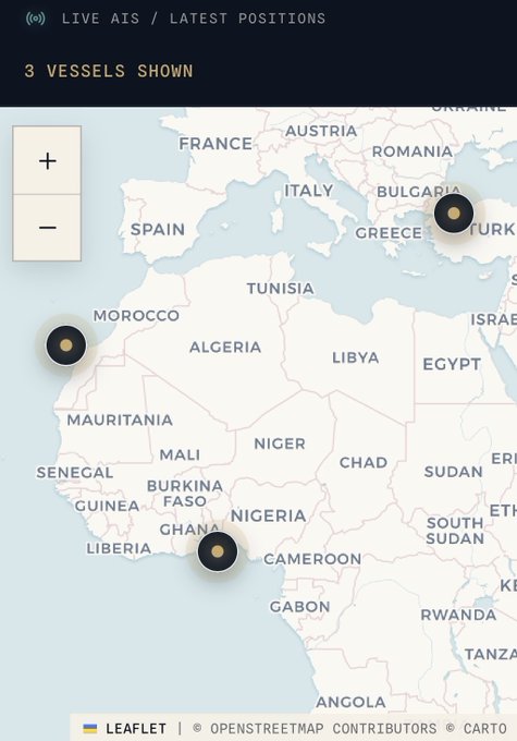 A screenshot of a digital map titled 'LIVE AIS / LATEST POSITIONS' showing '3 VESSELS SHOWN' marked with yellow dots in the Mediterranean Sea and near the West African coast.