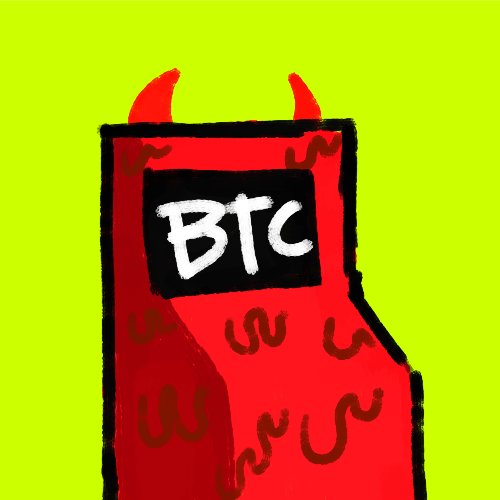 A hand-drawn red devilish arcade cabinet with "BTC" displayed on its screen stands against a bright neon green background, illustrating the playful, "trolling" spirit behind the user's spontaneous launch of BTC Ordinals on Robinhood.