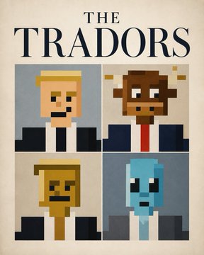 The image shows four pixel-art character portraits under the bold text "THE TRADORS," featuring stylized figures including a blonde man, a dark-skinned man in a suit and red tie, a bearded man, and a blue alien-like figure. The post explains that the author discovered the Tradors NFT project by noticing activity in wallets they already follow, suggesting they may have found this under-the-radar OpenSea collection early.