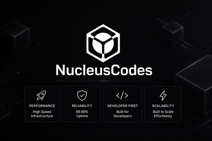 A promotional graphic for NucleusCodes highlighting four features: Performance (High Speed Infrastructure), Reliability (99.99% Uptime), Developer First, and Scalability.