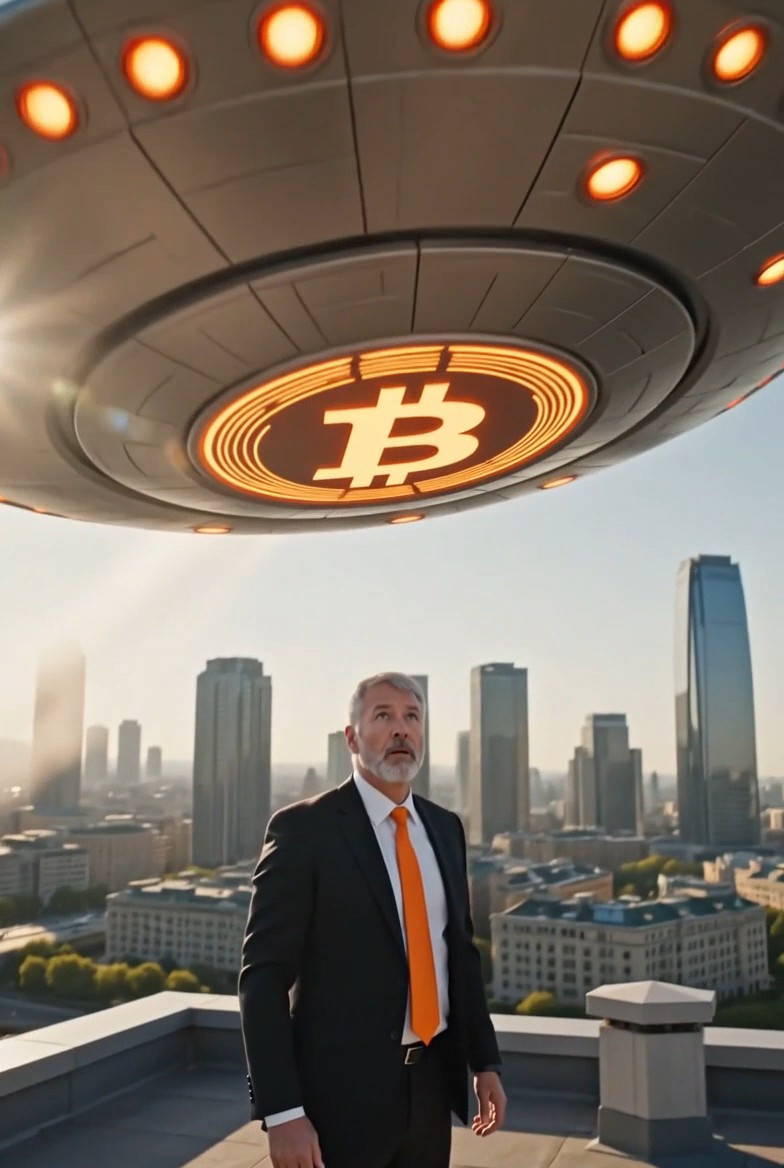 A digitally rendered image showing a man in a black suit and orange tie standing on a rooftop, looking up at a large UFO displaying a glowing orange Bitcoin logo hovering over a city skyline.