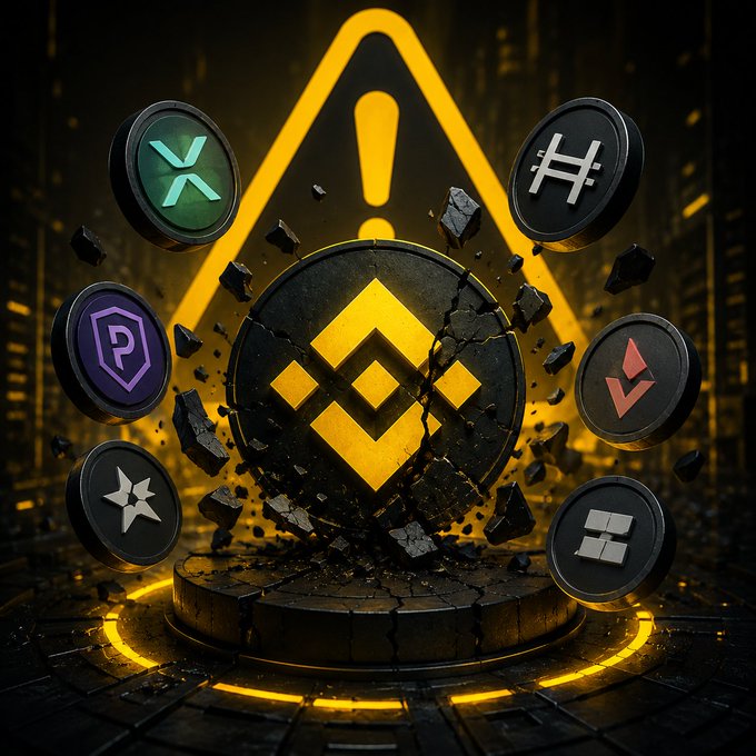 A dramatic digital illustration showing a cracked Binance (BNB) coin with surrounding cryptocurrency logos, set against a glowing yellow warning triangle.