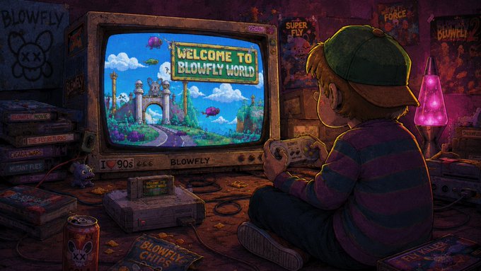 Illustration of a child playing 'Blowfly World' on a retro TV with a 90s console, surrounded by Blowfly merchandise including VHS tapes and games.