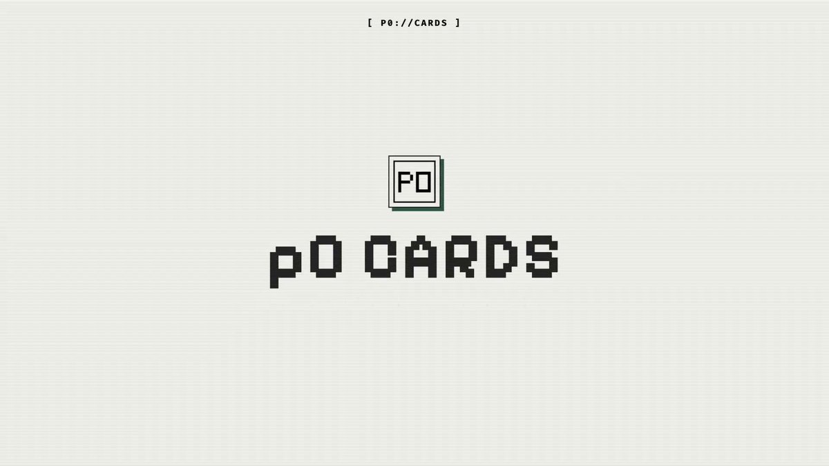 The image displays a promotional poster for p0 cards. The poster features a large white rectangular background with the words "p0 Cards" written in black block letters across the top and bottom, as well as smaller text elements below. The phrase "p0 Cards" is followed by the statement that reveals they have officially launched the postcard game, and that it has been bought into digital opening and offers a chance to instantly redeem tokens for up to $1,200. In total, there are seven different cards displayed on this poster showcasing various designs and colors.
