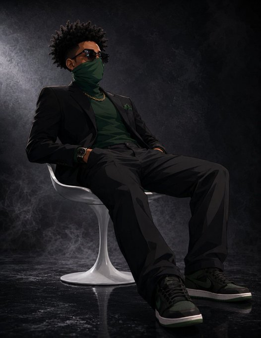 The image features an artist's drawing of a man sitting in a chair wearing a suit and sunglasses. The man appears to be posing for a portrait or art piece. The background of the image is dark, which contrasts with the white chair that the man is seated on. There are no texts present in the image, but there is a caption that reads "gm winners  $RIVER is making liquidity more accessible across chains through @RiverdotInc's chain abstraction vision." This caption suggests that the artist might be drawing inspiration from the concept of liquidity and how it can be applied to the financial world.