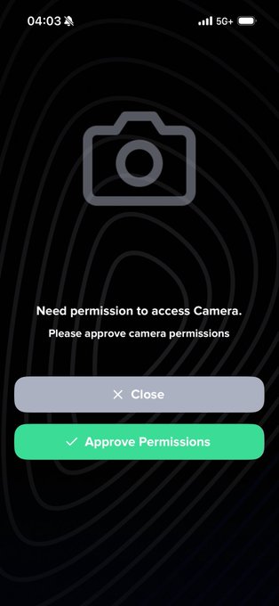 A mobile app permission screen showing 'Need permission to access Camera. Please approve camera permissions' with Close and Approve Permissions buttons.