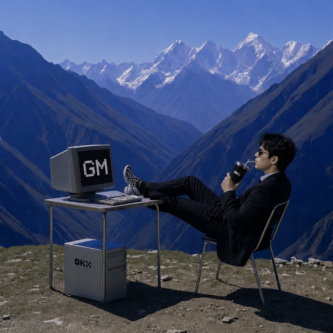 A surreal composite image showing a man in a black suit relaxing in a chair with his feet on a desk holding a vintage computer displaying "GM", set against a vast mountainous landscape.