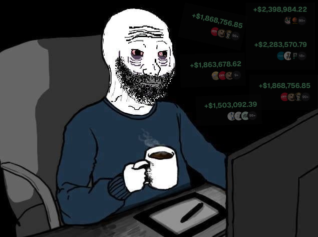 The "Doomer" meme character sits hunched over his laptop with a coffee mug, his tired, bloodshot eyes gazing at a screen displaying massive gains—+$2,398,984.22, +$2,283,570.79, +$1,868,756.85, +$1,863,678.62, and +$1,503,092.39—on what appear to be meme stocks or crypto tickers, perfectly capturing the bittersweet feeling of watching others profit from volatile assets while you remain stuck and losing.