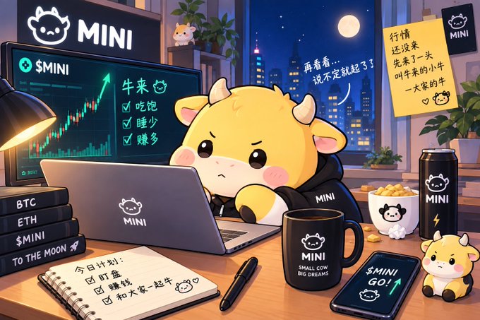 A cute yellow bull mascot named "MINI" sits at a desk staring at a laptop displaying a rising "$MINI" chart, surrounded by merchandise like mugs, a tumbler, and a notebook with today's plan: "盯盘, 赚money, 和大家一起牛." A yellow sticky note reads "行情还没来, 先来了一头叫牛来的小牛, 一大家的牛," perfectly illustrating the post about how the "NiuLai" bull mascot emerged organically online before the actual bull market arrived, becoming "Everyone's Niu."