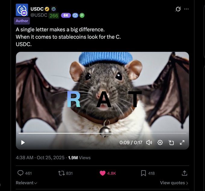 A post from USDC (@USDC) reads 'A single letter makes a big difference. When it comes to stablecoins look for the C. USDC.' over a video of a bat with the word 'RAT' displayed.