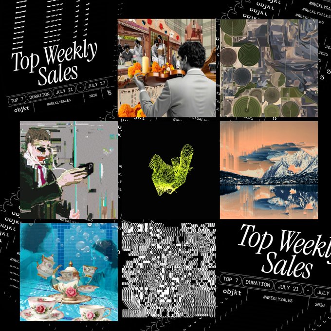 A digital collage titled 'Top Weekly Sales' for objkt, featuring a grid of artworks including a glitch figure, a yellow mesh hand, a pixelated mountain landscape, teacups, and a black-and-white textured piece.