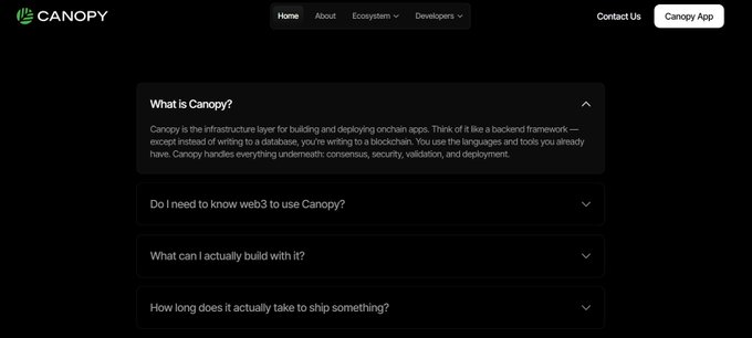 Website screenshot for 'Canopy', described as an infrastructure layer for blockchain apps, featuring an FAQ section with questions like 'What is Canopy?' and 'Do I need to know web3 to use Canopy?'.