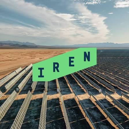 An aerial view of a large solar panel array in a desert landscape with mountains in the background, overlaid with a green banner reading 'IREN' in bold dark letters.