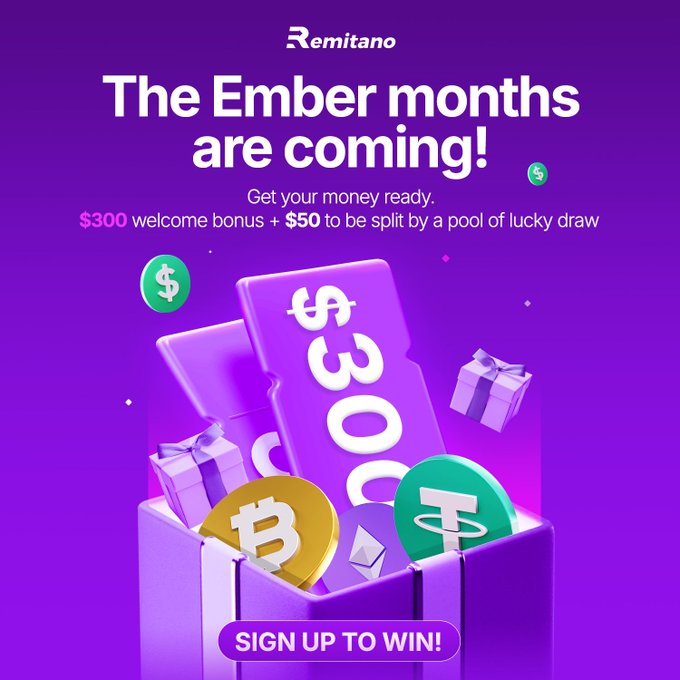 A Remitano promotional advertisement with the text 'The Ember months are coming! Get your money ready. $300 welcome bonus + $50 to be split by a pool of lucky draw' featuring a 3D purple gift box containing Bitcoin and Tether coins.