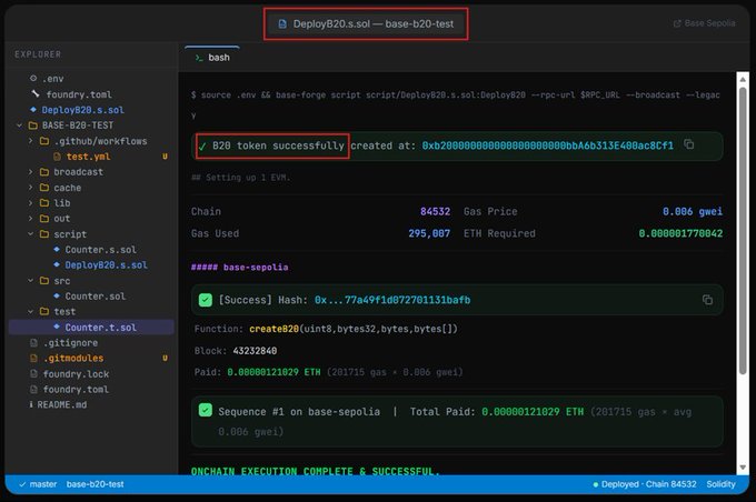 The image shows a computer screen displaying a webpage with information about deploying tokens on a testnet. The text indicates that someone has successfully deployed B20 tokens on the @base testnet, but there are no further details or actions being taken at this moment. The main focus of the image is on the process of token deployment and the importance of completing it to proceed with the project.